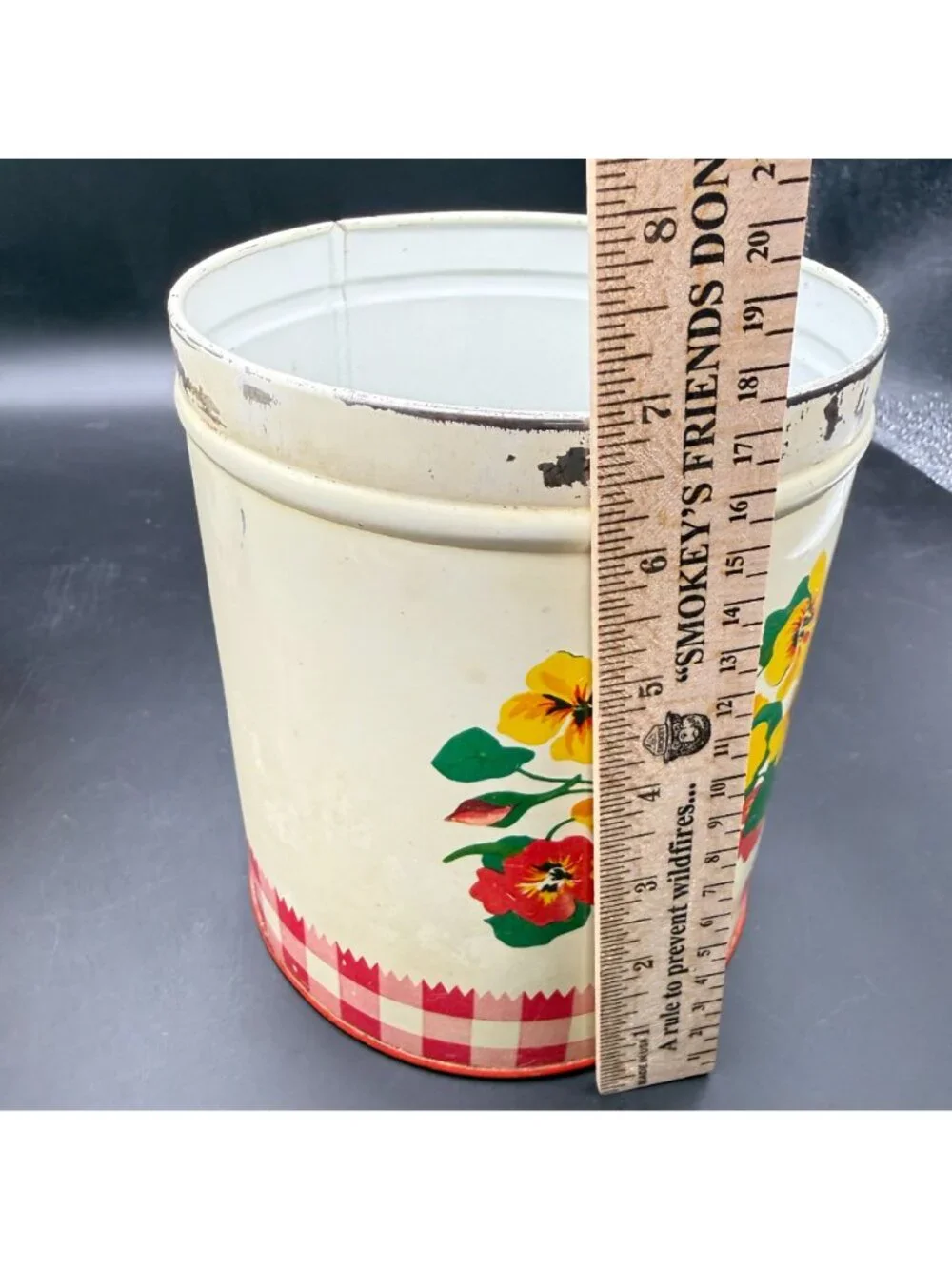 Vtg 40s Gingham Nasturtiums Floral Pattern Red Metal Canisters Nesting Lot 3